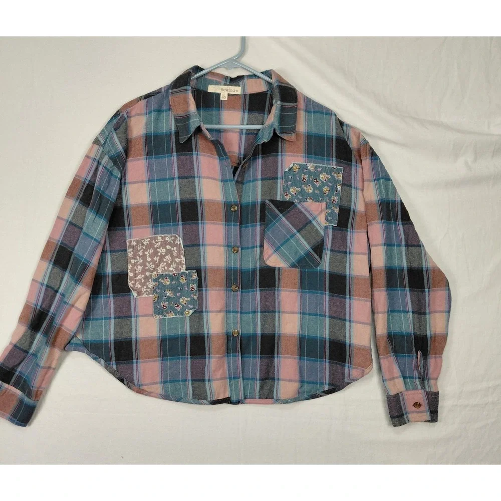 Women's XL Cropped Plaid Flannel Long Sleeve Patchwork‎ Raw Hem Country Western